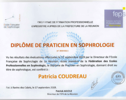 Diplôme de sophrologue Patricia COUDREAU