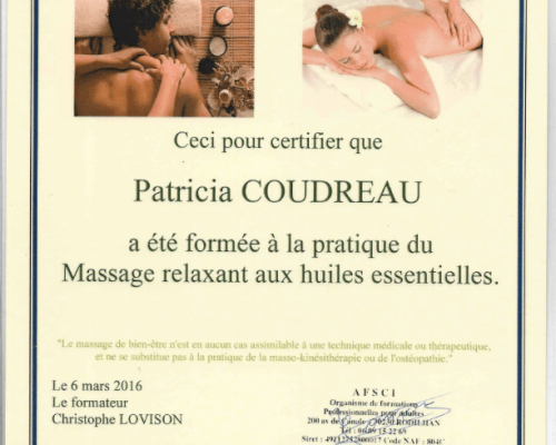 Diplômes Patricia COUDREAU Massage relaxant