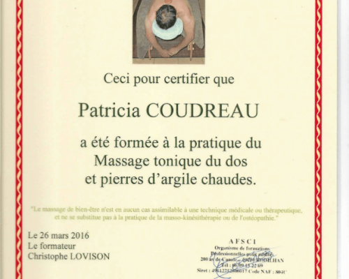Diplômes Patricia COUDREAU Massage du dos