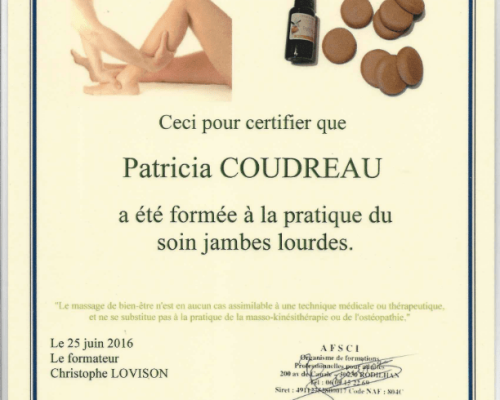 Diplômes Patricia COUDREAU Soin jambes lourdes