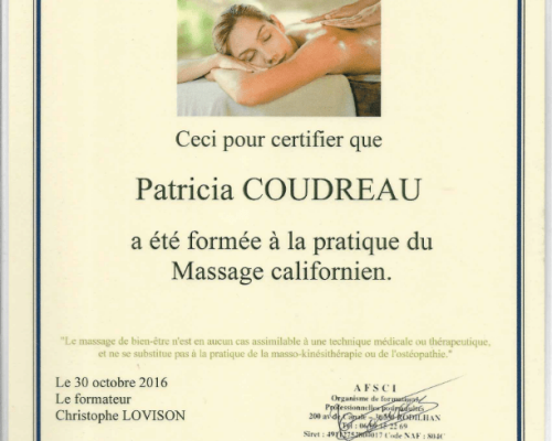 Diplômes Patricia COUDREAU Massage californien
