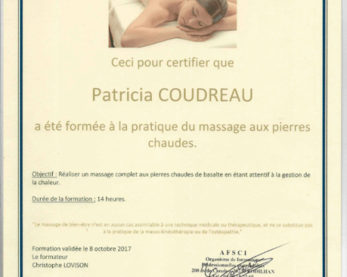 Diplômes Patricia COUDREAU Massage aux pierres chaudes
